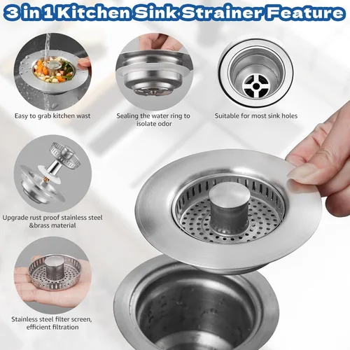 Vista 4 de pollock SUS304 - Tapón de drenaje para fregadero de cocina 4 en 1, tapón de acero inoxidable con cesta coladora, tapón antiobstrucción