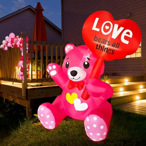 Vista 6 de SEASONBLOW Oso inflable de 4 pies para el día de San Valentín con corazón iluminado por LED, decoración para patio, césped, jardín, hogar, fiesta