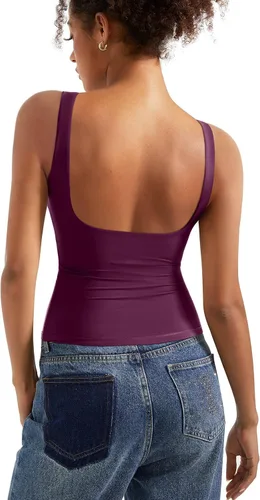 Vista 26 de SUUKSESS Camisetas sin mangas con respaldo abierto y cuello barco acolchado para mujer, con doble forro, camisas básicas Negro (Black Polka Dots)