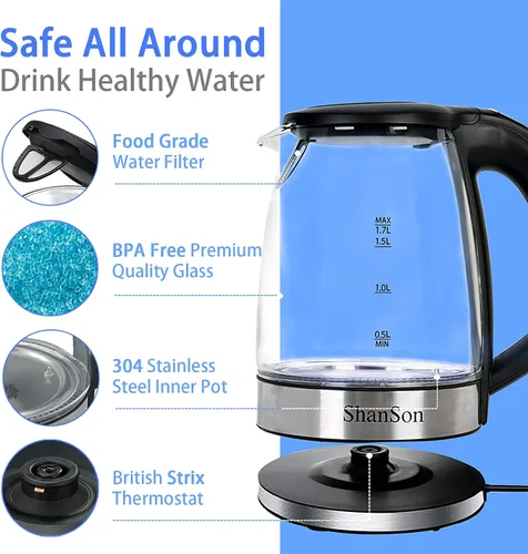Vista 3 de ShanSon Tetera Eléctrica de Vidrio de 1.7 Litros 1500W con Control de Temperatura, Hervidor de Agua Rápido Libre de BPA, Apagado Automático