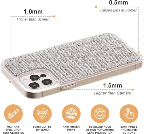 Vista 3 de Funda compatible con iPhone 12 Pro Max, transparente, con diamantes de imitación brillantes, protección a prueba de golpes, brillo premium, blanco