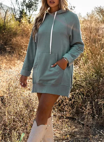 Vista 2 de La Chilly Sudadera con capucha de gran tamaño para mujer, casual, larga, dobladillo con abertura alta, con bolsillo tipo canguro