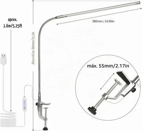 Vista 6 de Lámpara de escritorio con abrazadera, 3 modos, 10 brillo, rotación de 360°, luz de lectura para cuidado de los ojos, cuello de cisne flexible de 8 W