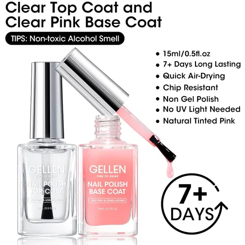Vista 2 de GELLEN Esmalte de uñas base transparente, capa superior, base con tinte rosa claro y capa superior brillante sin necesidad de limpieza