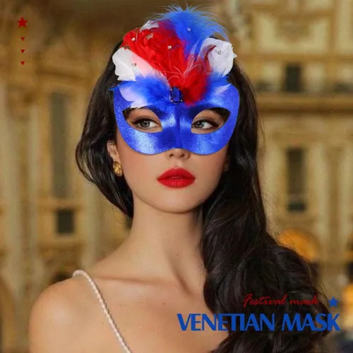 Vista 4 de BODIY Mardi Gras Masquerade Mask Blue Feather Mask Crystal Half Mask Independence Day Costume Eyemask Rave Accessories