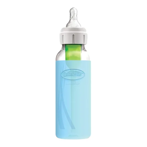 Vista 5 de Dr. Brown's Options+ Funda para botella de vidrio estrecha, 100% silicona, azul, sin BPA, 8 oz, paquete de 1