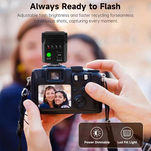 Vista 5 de Mini cámara flash Speedlite con luz de video, GN8 6500K flash externo ajustable, soporte universal de zapata caliente de un solo contacto