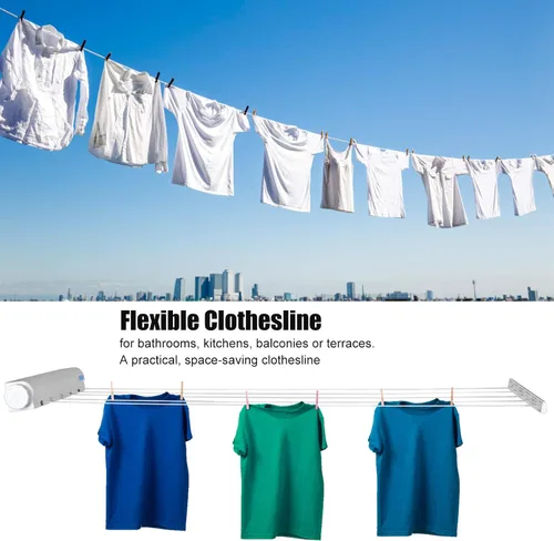 Vista 2 de Tendedero retráctil, líneas de ropa de interior, ajustable, 5 líneas, secadora resistente, cuerda de lavandería montada en la pared, estante