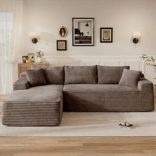 Vista 22 de Sofás seccionales sin hueso en forma de L de 108 pulgadas para sala de estar, moderno y cómodo sofá modular de pana comprimida de espuma