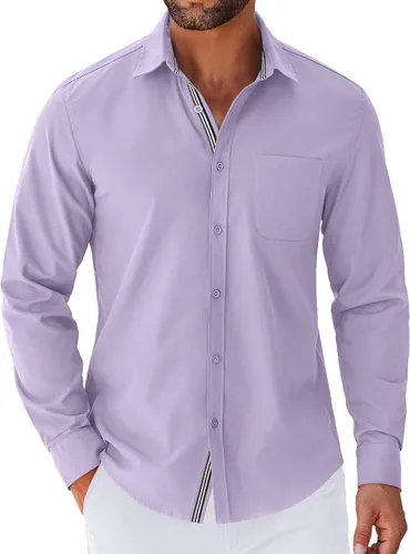 Vista 7 de COOFANDY Camisa para hombre de manga larga casual con botones, camisas sin doblar para hombre de ajuste regular