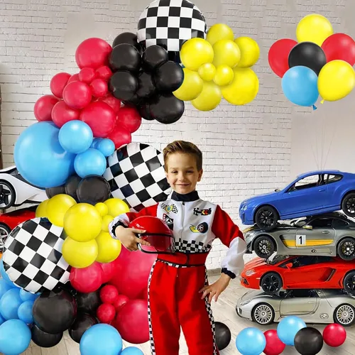 Vista 3 de Kit de guirnalda de arco de globos de auto de carreras, globo de aluminio a cuadros rojo, amarillo, azul, negro, decoración de fiesta de cumpleaños