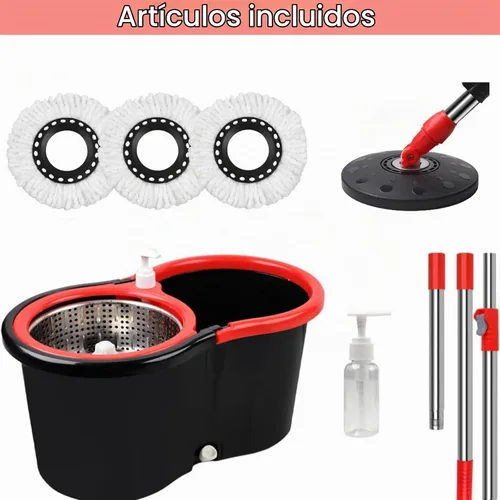Vista 6 de Trapeador giratorio y cubo con juego de escurridor, sistema de cubo giratorio de 360° con 3 cabezales de repuesto de mopa de microfibra, mango