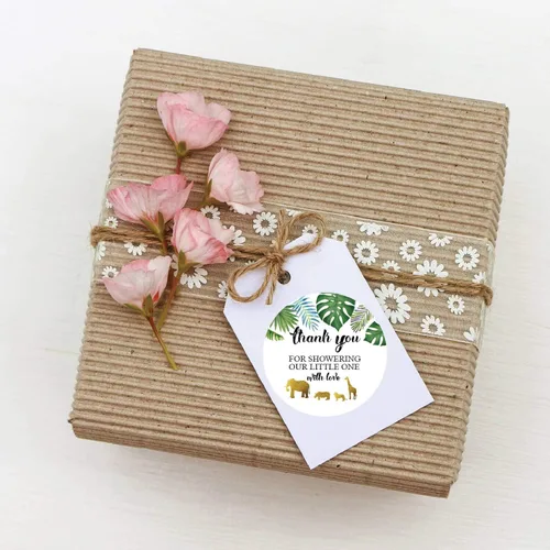 Vista 4 de 50 calcomanías doradas para baby shower, con texto en inglés "Thank You for Showering Our Baby with Love", regalos de baby shower para niño o niña