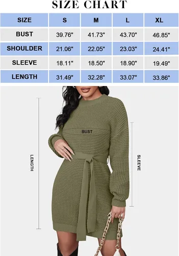 Vista 5 de ZESICA - Vestido de tejido de punto gofre con lazo en la cintura y manga larga para mujer estilo túnica de un solo color sin botones