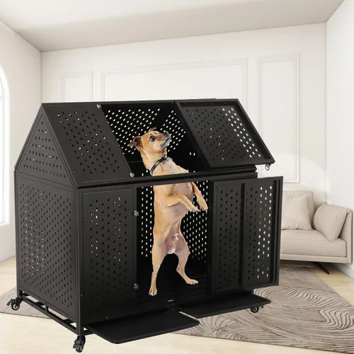 Vista 8 de Jaula para perros indestructible de 44 pulgadas con ruedas, jaula de acero a prueba de escapes para interiores, doble puerta, alta ansiedad