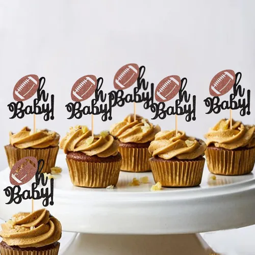 Vista 5 de Ercadio Paquete de 24 adornos para cupcakes de fútbol americano Oh Baby - Púas de rugby con purpurina negra para temática deportiva, baby shower