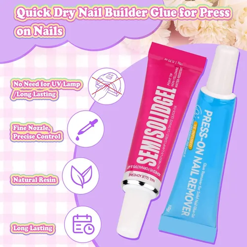 Vista 3 de 144 uñas postizas a presión con pegamento, kit de uñas postizas de almendra con calcomanías de gelatina y adhesivo constructor de uñas, lindas uñas