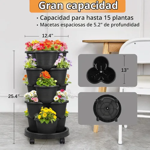 Vista 5 de VECELO Macetero vertical de 5 niveles, apilables, con ruedas para fresas, hierbas, flores, verduras, color negro