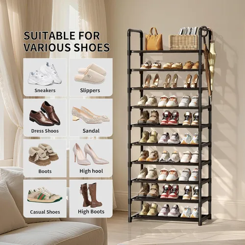Vista 6 de Zapatero, organizador de almacenamiento de zapatos de 10 niveles, para 30 a 35 pares de zapatos, estante alto de metal para zapatos, entrada