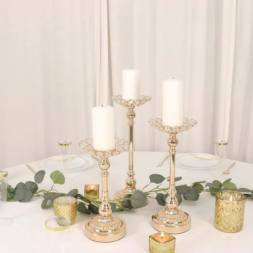 Vista 2 de Efavormart - Juego de 3 portavelas votivas con cuentas de cristal de metal dorado, soportes para velas de té, 11 pulgadas, 13 pulgadas, 15 pulgadas