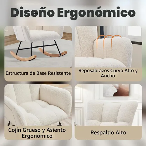 Vista 5 de Mecedora tapizada para cuarto de bebé, asiento acolchado con respaldo alto, patas de madera maciza para guardería, dormitorio, sala de estar