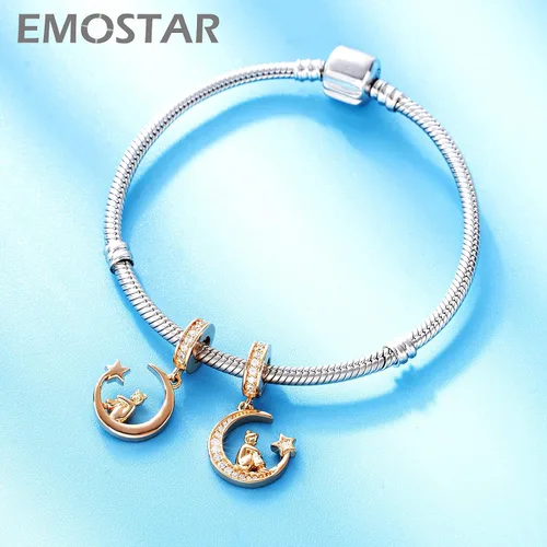 Vista 6 de Forever Friends - Juego de dijes para pulseras Pandora, oro rosa para niña sentada en la media luna y mejores amigos, juego de joyas en plata de ley