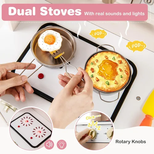 Vista 3 de Costzon Cocina de Juego para Niños, Juego de Cocina Ajustable en Altura con Luces y Sonidos Reales, Microondas, Horno, Estufas, Fregadero y Grifo
