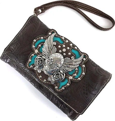 Vista 2 de Zelris Sugar Skull Roses Angel Wing mujeres Crossbody muñeca asa triple cartera