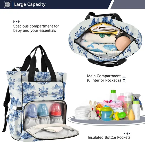 Vista 5 de Mochila para pañales azul y blanco, multifunción con bolsillos aislados para botellas, bolsa de bebé de viaje de nailon impermeable con correas