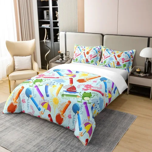 Vista 2 de jejeloiu Juego de ropa de cama de lápiz de dibujos animados para niños, tamaño individual, colorido cuarto de bebé, 100% algodón, funda de edredón