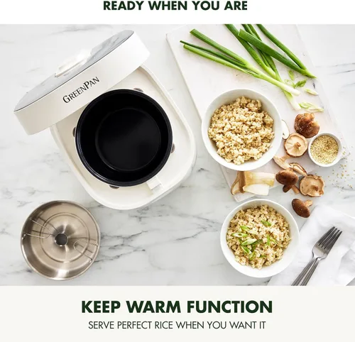 Vista 8 de Arrocera GreenPan, 8 tazas cocidas (4 sin cocer), modo bajo en carbohidratos y sopa, 10 ajustes de cocción de un toque, cesta de vapor de cerámica
