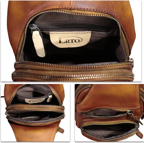 Vista 7 de Bolso de cuero genuino para hombres y mujeres, estilo vintage, de cuero auténtico, bandolera de hombro, bolso cruzado en el pecho, Marrón, Mediana