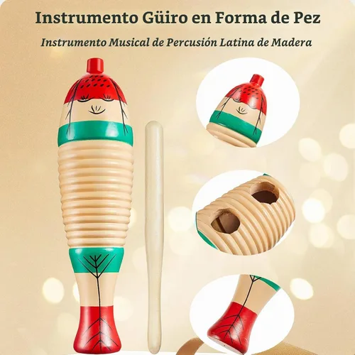 Vista 5 de Pandereta de madera de 6 pulgadas, instrumento Guiro con forma de pez, maracas de madera, cocteleras de huevos, triángulo de acero musical de 6