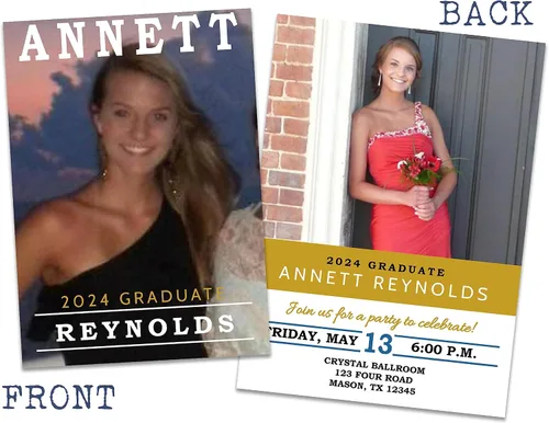 Vista 2 de Graduation Announcements Party Invitations Cards Class of Customized Gold Black Blue, High School or College, personalized with envelopes