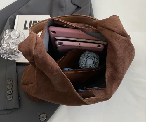 Vista 4 de 2 bolsas de mano holgadas para mujer, de gamuza con media luna, bolso de hombro, bolso cruzado con asa superior, bolso de mano universitario 2024