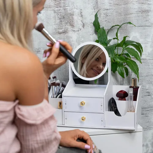 Vista 7 de Organizador de maquillaje de madera, organizadores de maquillaje de encimera con espejo, cajones, organizador de cosméticos para cepillos, cuidado