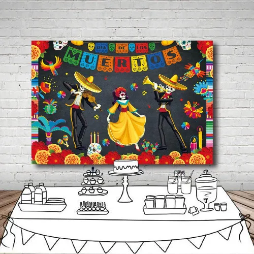 Vista 4 de MEHOFOND Telón de fondo del Día de los Muertos de 7 x 5 pies, fiesta mexicana, calavera de azúcar, flores, fondo de fotografía, vinilo Dia De Los