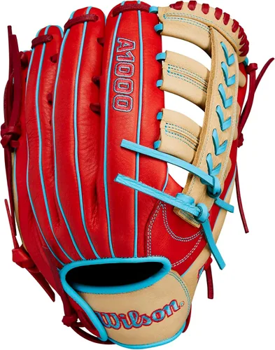 Vista 2 de Wilson 2024 A1000 - Guantes de béisbol de fuera del área, 12.25" y 12.5" Rojo/Rubio/Azul