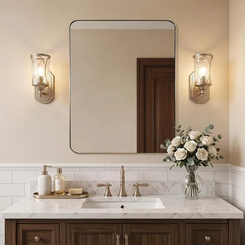 Vista 53 de ANDY STAR Espejo de pared cuadrado para baño, espejo de baño negro mate de 24 x 24 pulgadas, espejo de metal de esquina redondeada en marco de acero