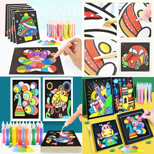 Vista 4 de JKanruh 48 kits de arte, kits de arte de arena de 12 colores con 24 hojas de cartas de pintura de arena, 12 hojas de pintura mágica para artes