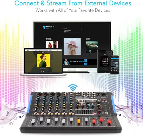 Vista 5 de Pyle Mezclador de audio estilo consola de 8 canales con Bluetooth - Controlador de sonido DJ, 4 entradas XLR / combinado, salida sub, +48V Phantom
