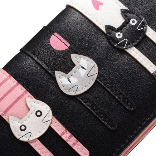 Vista 3 de Billetera con gato bonito monedero largo plegable con cierre para mujer M Negro
