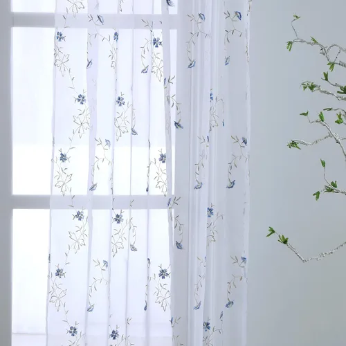 Vista 4 de Taisier Home Cortinas Traslúcidas Blancas Florales con Estampado de Flores y Bordado de Enredaderas para Dormitorio, Cortina con Bolsillo