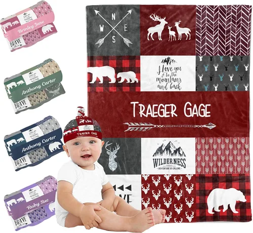 Vista 9 de Mantas de bebé personalizadas para niños y niñas, mantas de bosque personalizadas con nombre y sombrero, color rojo