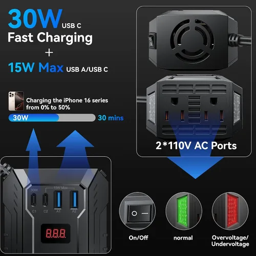 Vista 3 de Inversor de corriente para automóvil de 400 W CC 12 V a 110 V AC con PD 30 W/15 W USB C+2 puertos USB A y 2 salidas de CA, adaptador de enchufe