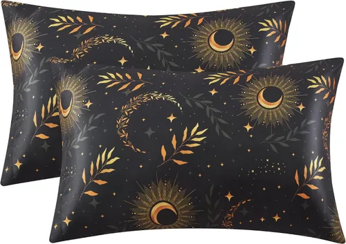 Vista 52 de EXQ Home - Funda de almohada de satén para cuidar el cabello y la piel, tamaño estándar, de seda con estampado negro, juego de 2 fundas con cierre