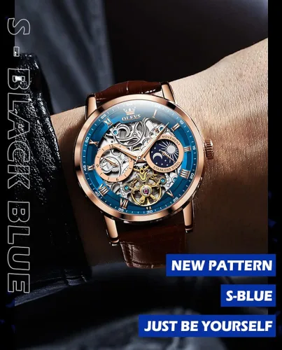 Vista 3 de OLEVS Relojes automáticos para hombre, esqueleto Tourbillon, cuerda automática, mecánica, correa de cuero auténtico, reloj de pulsera de lujo, sol