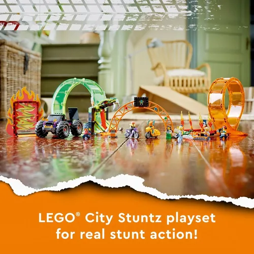 Vista 2 de LEGO City Stuntz 60339 - Juego de camión monstruo con 2 motocicletas de juguete, rampa, pared de llamas, anillo de fuego, lazo de serpiente y 7