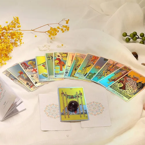 Vista 4 de Cartas de tarot holográficas, baraja de tarot de 78 cartas con guía