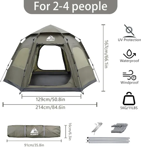 Vista 3 de Hewolf Tiendas de campaña para 3-4 personas para camping, tienda instantánea impermeable fácil de desplegar que se instala en 60 segundos